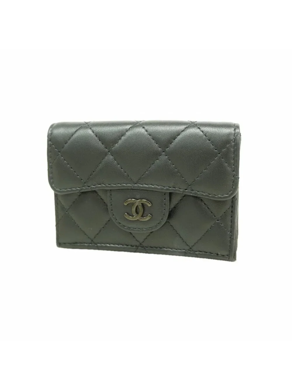 Chanel Trifold Wallet Quilted Lambskin Black Silver